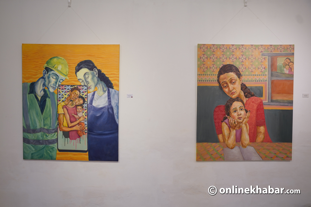Paintings by artist Riti Maharjan at exhibition Awaiting at Siddhartha Art Gallery, Baber Mahal. Photo: Chandra Bahadur Ale