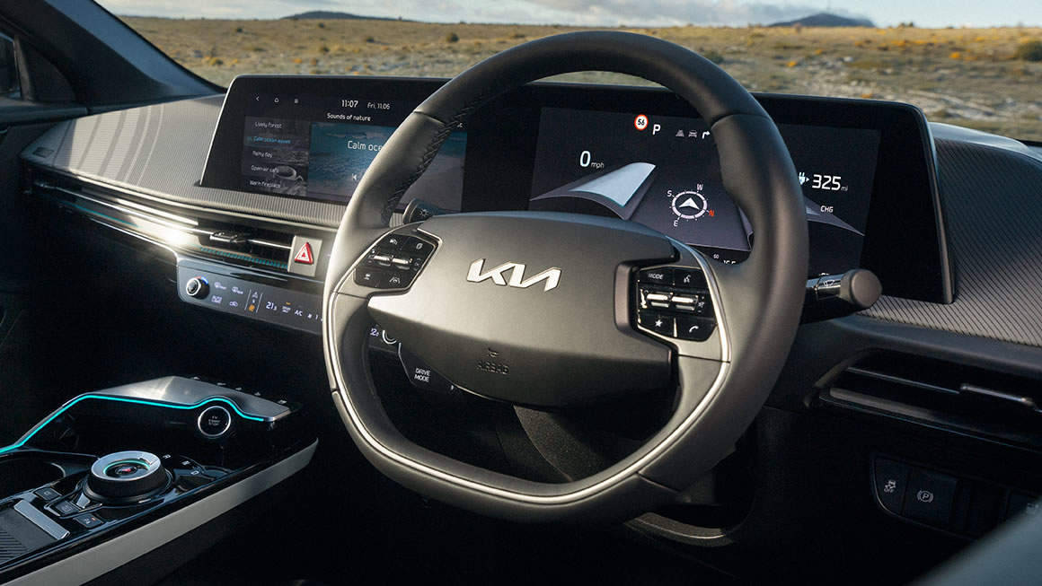 Kia EV6 steering wheel, centre console and digital display. Photo: Kia