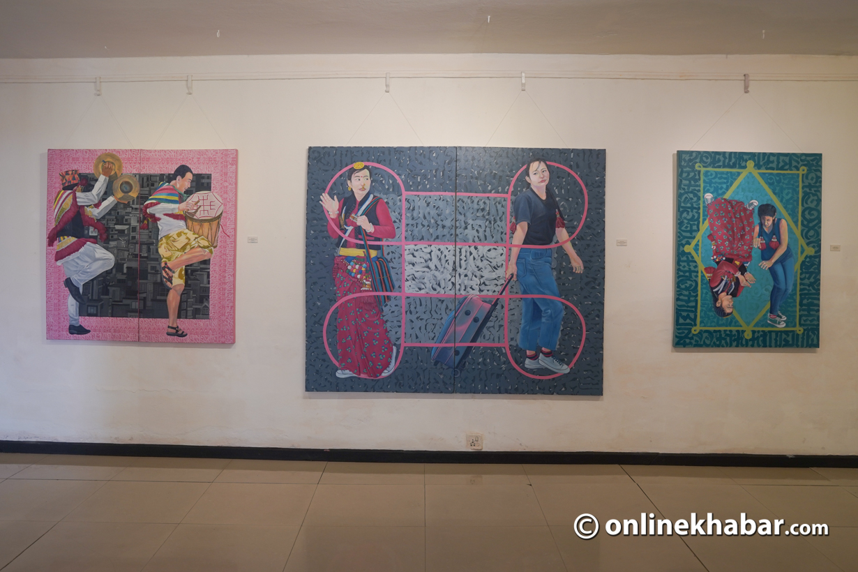 Paintings at the group exhibition Amalgam 2023 at Siddhartha Art Gallery, BaberMahal. Photo: Chandra Bahadur Ale