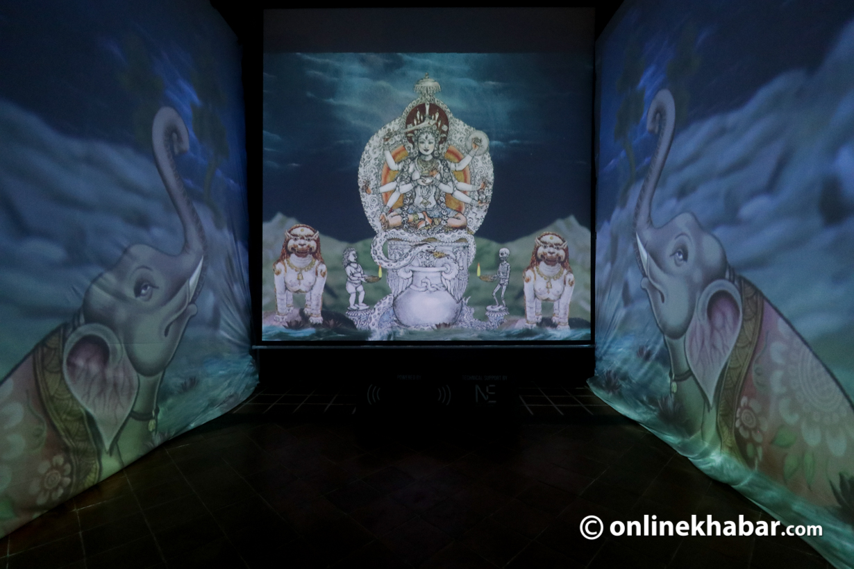Life size animation of Goddess Annapurna on display at the exhibition ‘Prakriti-Where the Gods Reside at Bodhisattva Gallery, Pulchowk. Photo: Aryan Dhimal