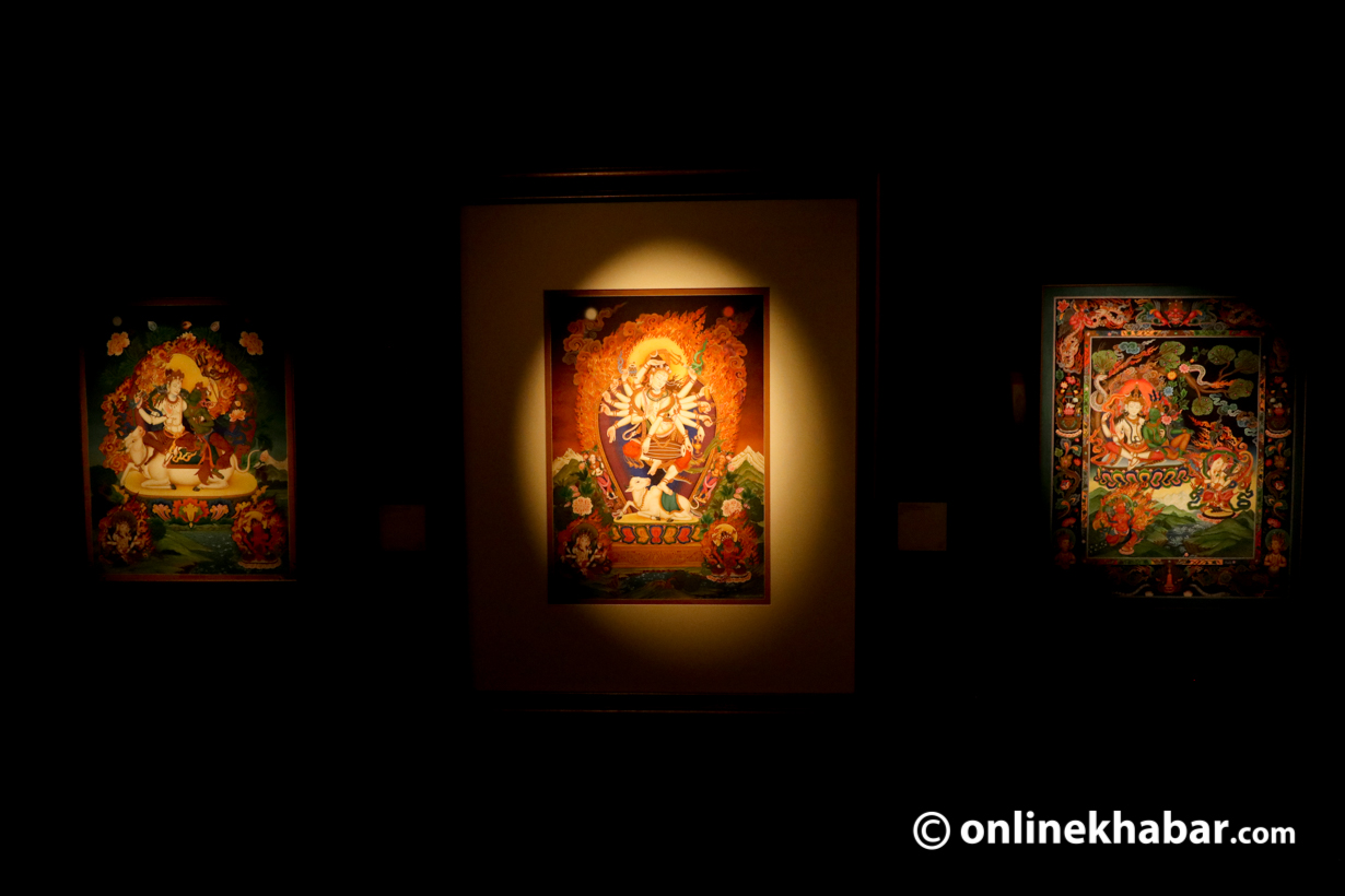 Paintings on display at the exhibition ‘Prakriti-Where the Gods Reside at Bodhisattva Gallery, Pulchowk. Photo: Aryan Dhimal