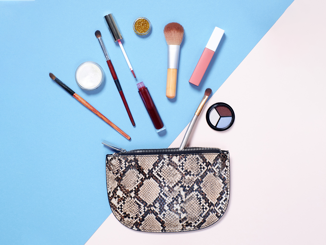 makeup products in makeup bag