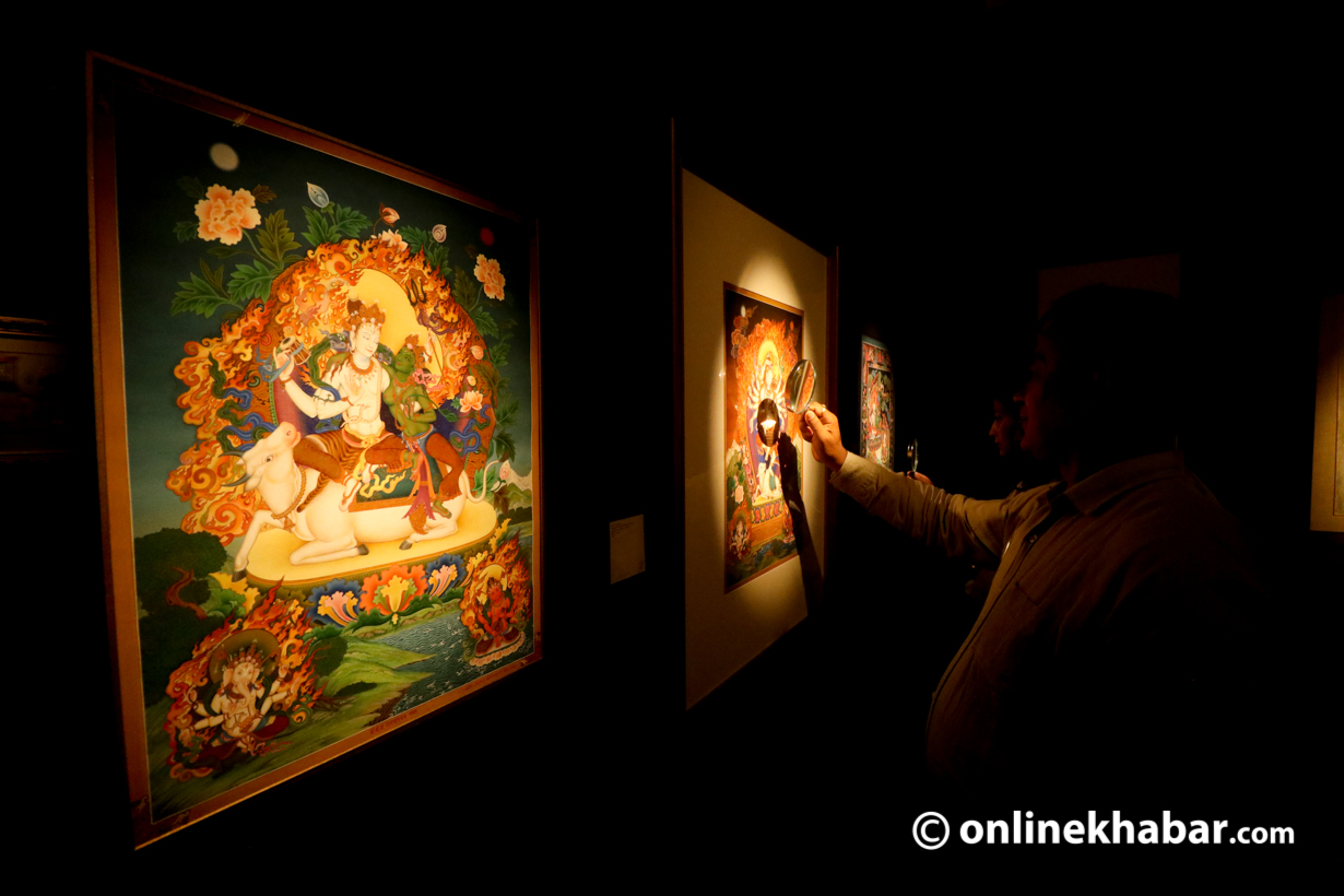 Visitors at the exhibition ‘Prakriti-Where the Gods Reside at Bodhisattva Gallery, Pulchowk. Photo: Aryan Dhimal