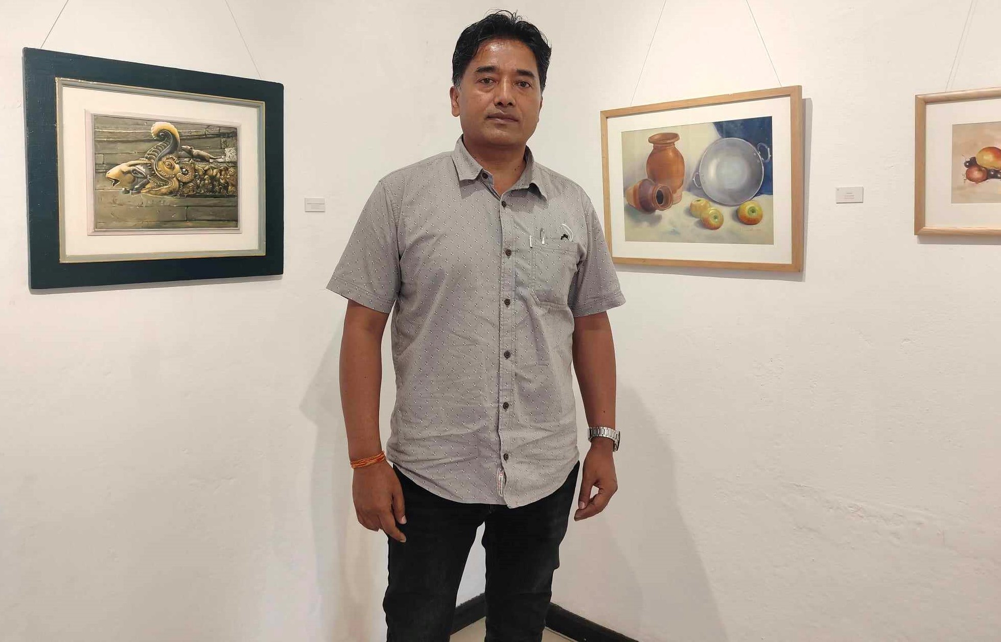 Artist Umesh Shrestha at the exhibition Mundane Friction to Self flow at Siddhartha Art Gallery, Baber Mahal. Photo: Sangita Shrestha