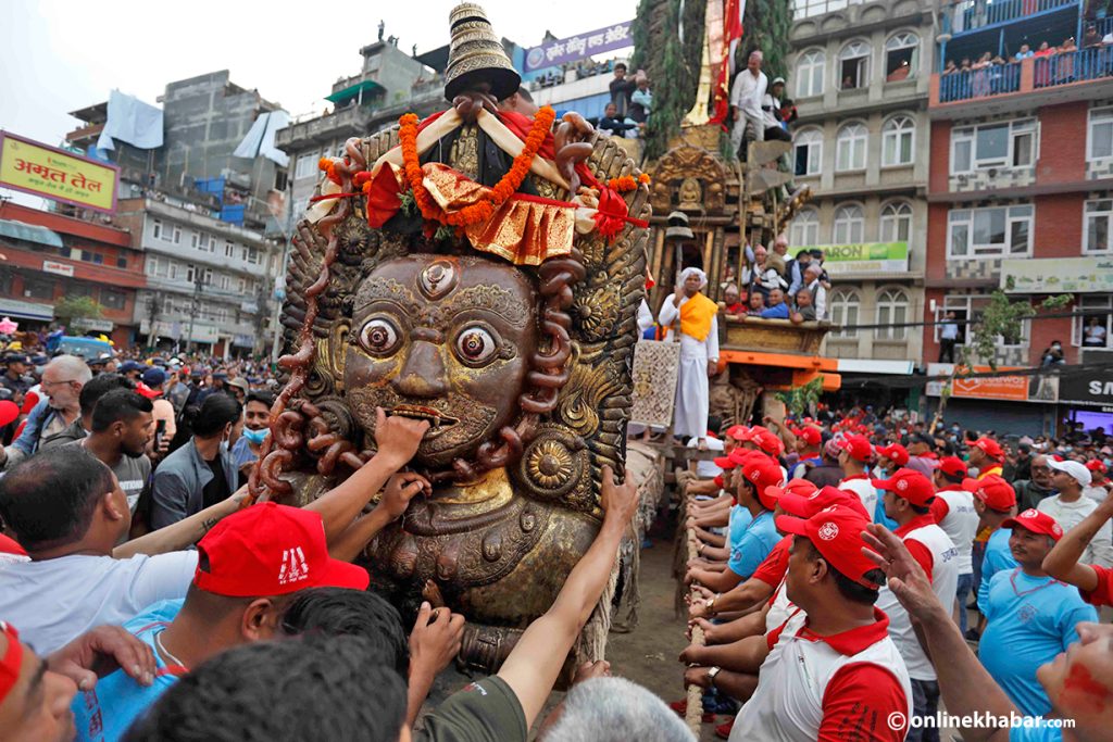 Hayagriva Bhairava seen in front of the Rato Machhindranath's chariot at Pulchok.