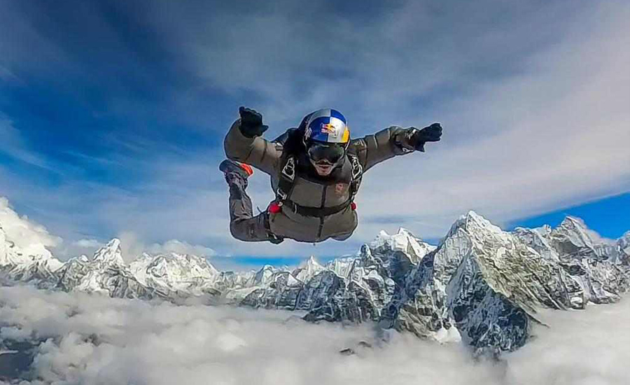 Nimsdai skydives in Everest region