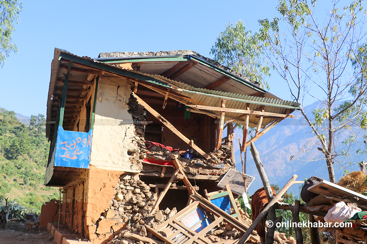 A house completely destroyed in earthquake.
