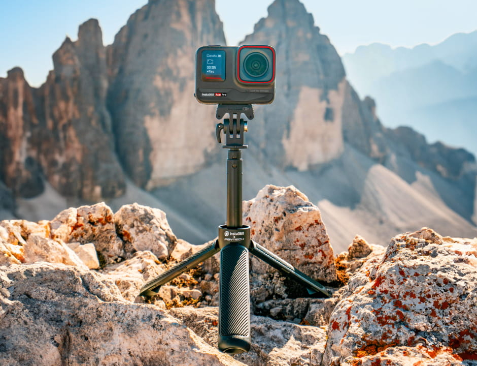 Insta360 Ace Pro on a mount and stand. Photo: Insta360