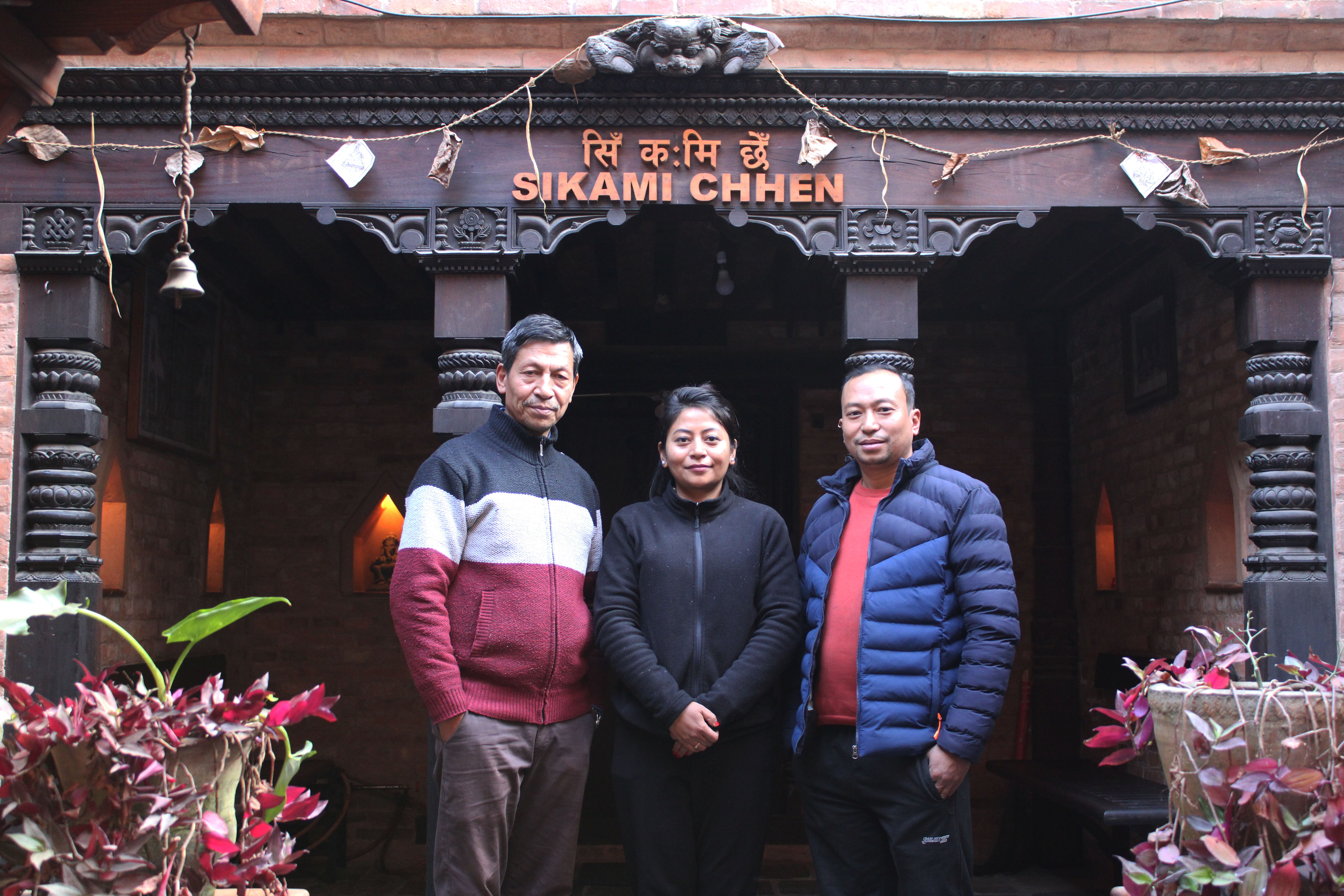 (From left) Indra Kaji, Rabita and Indra Prasad of the Shilpakar family. Photo: Abhiyan Dahal
