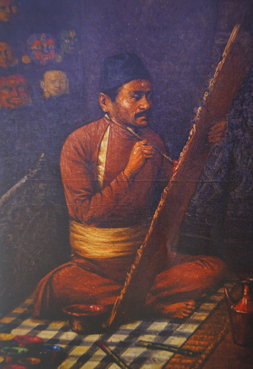 Late Tej Bahadur Chitrakar's painting 'Ancestor at Work' on display at Kathmandu Art Biennale, MONA, Thamel, Kathmandu.