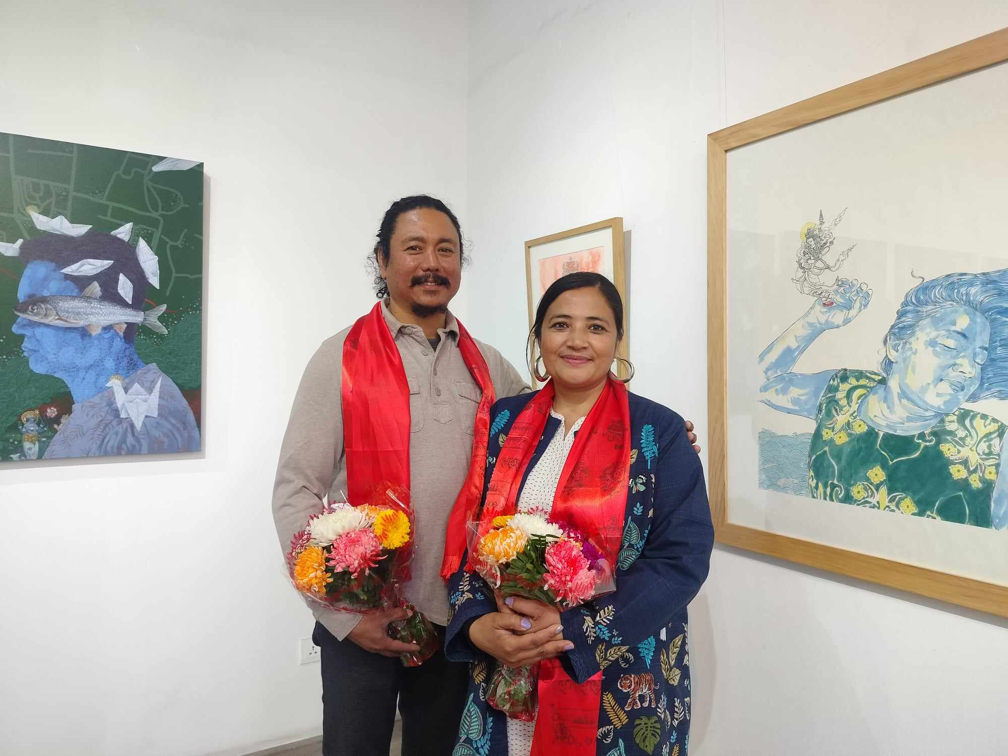 The artists duo in the exhibition Flowing Together at Gallery Mcube, Patan.