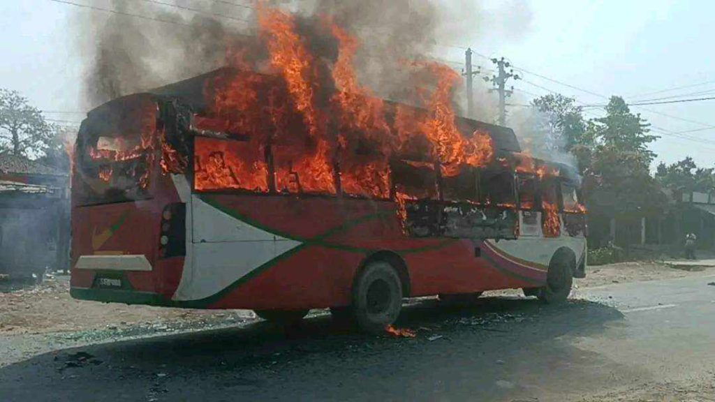 Locals set fire to a bus in Sarlahi