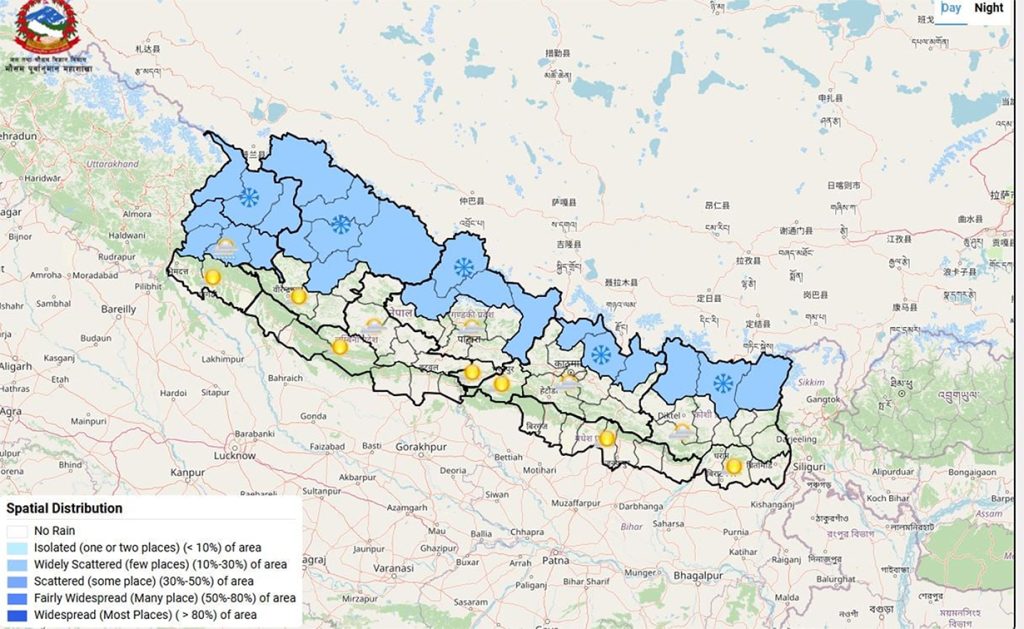 Snowfall in high mountain and himalayan regions, light rain likely in Kathmandu on Tuesday