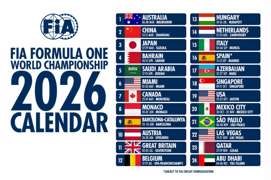 FIA and Formula 1 announce 2026 calendar