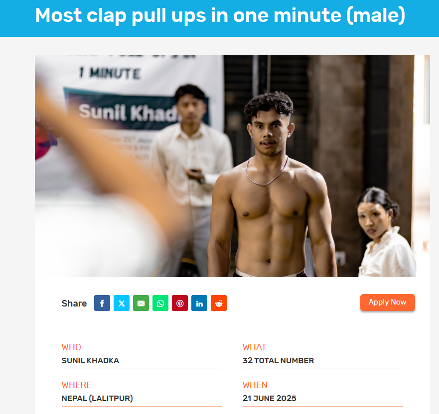 Nepali athlete Sunil Khadka sets new world record in callisthenics