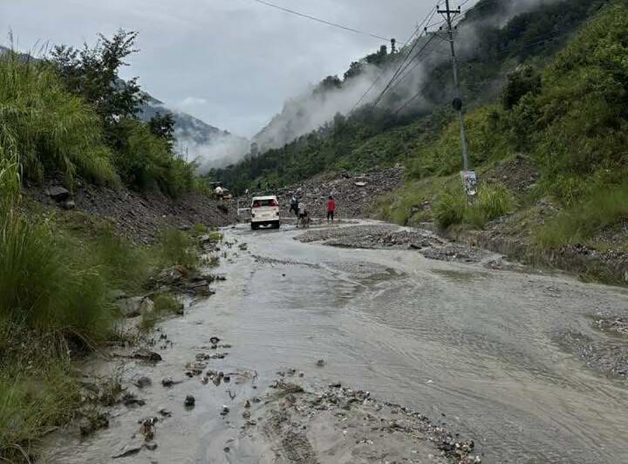Continuous rain triggers landslide halting traffic on Araniko Highway