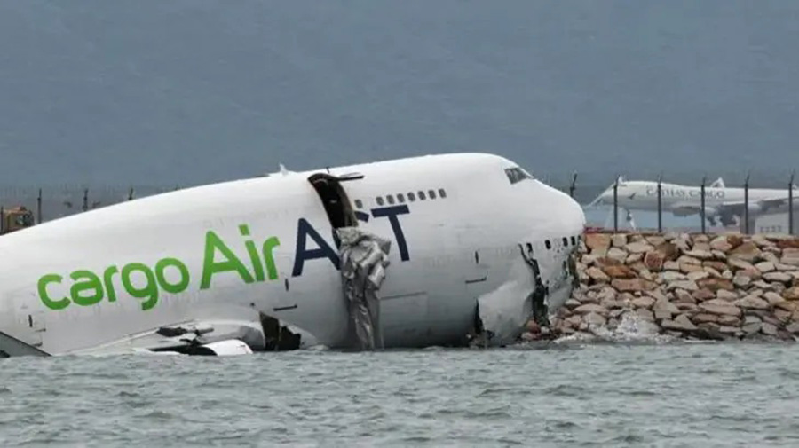 Cargo plane skids off runway into sea in Hong Kong; 2 killed