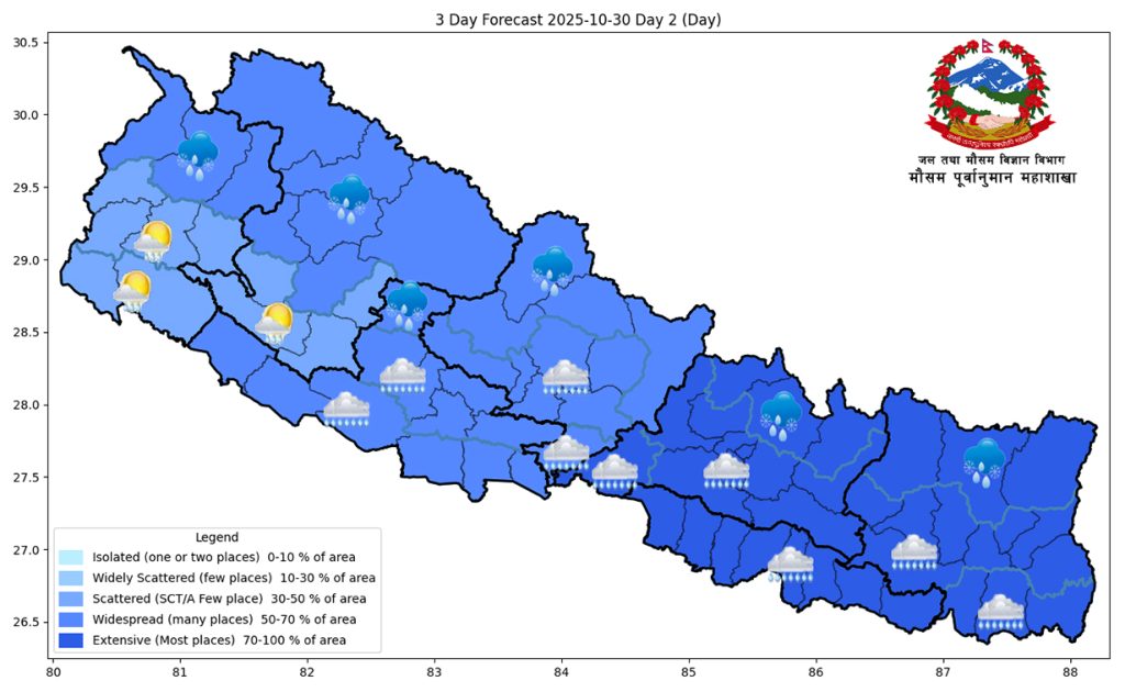 Western wind and cyclone Motha continue to impact Nepal with scattered rainfall