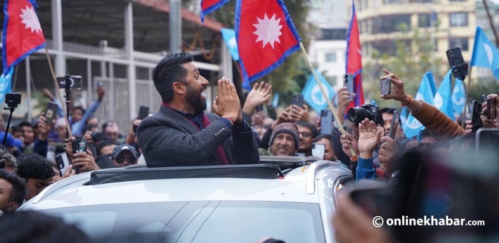 Rabi Lamichhane welcomed at party office amid fanfare