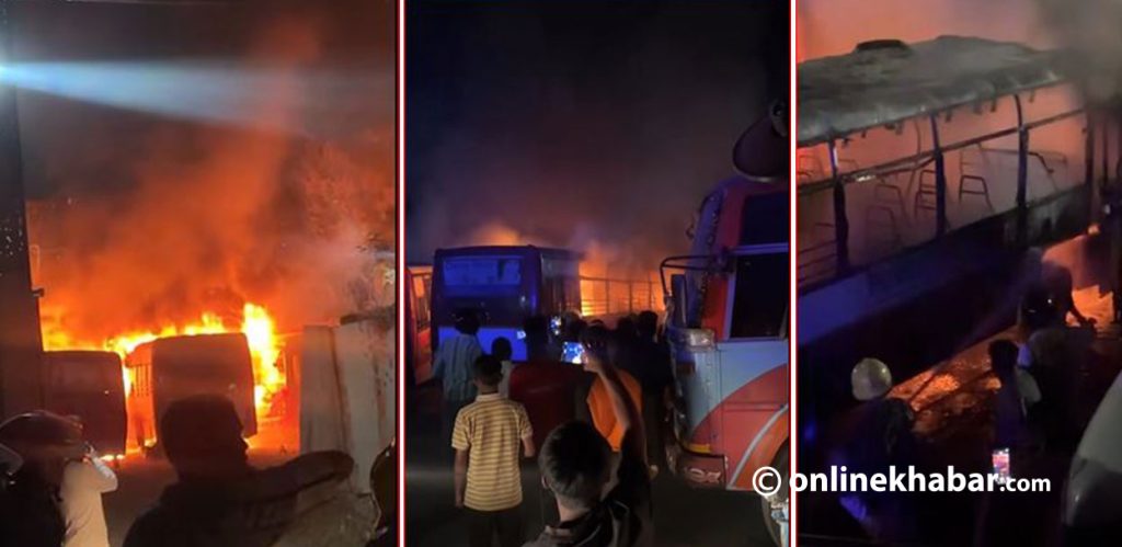 Dharan garage fire: 3 buses destroyed, 3 partially damaged