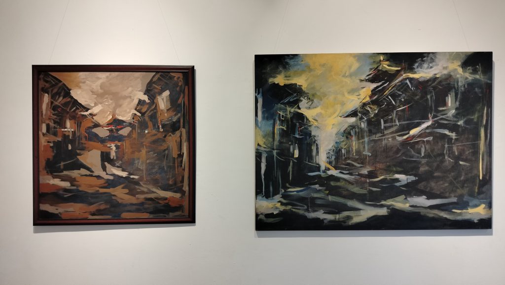 Paintings featured in the exhibition 'Festive Spirit' at MCube Gallery by Pradip Kumar Bajracharya.