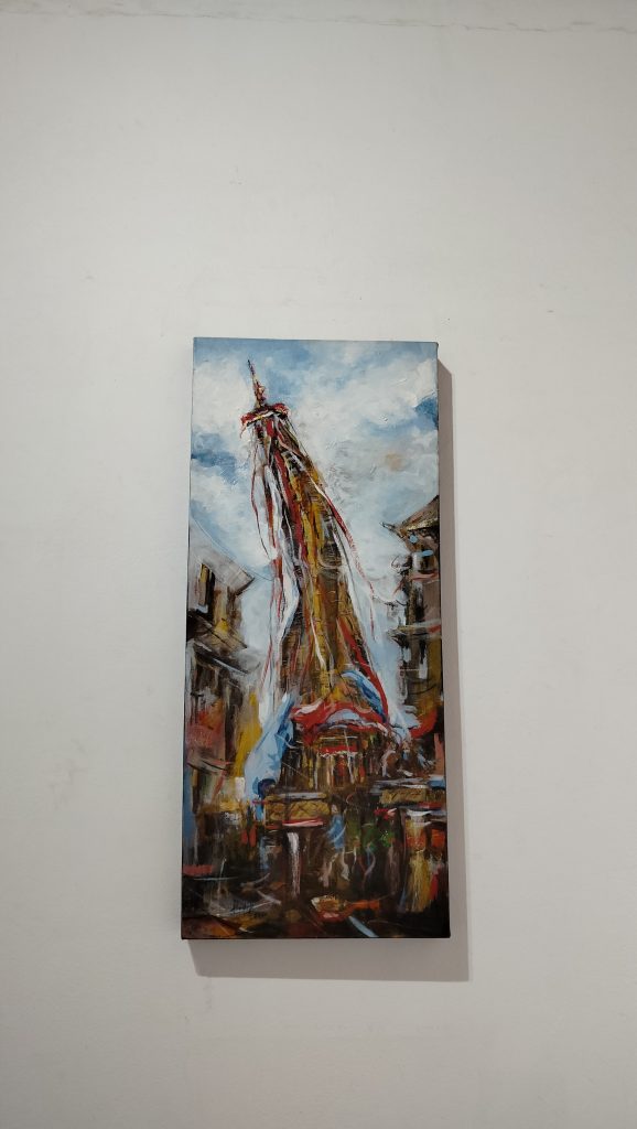 Paintings featured in the exhibition 'Festive Spirit' at MCube Gallery by Pradip Kumar Bajracharya.