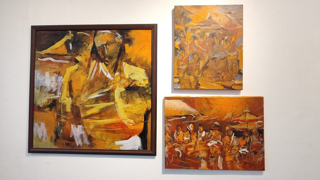 Paintings featured in the exhibition 'Festive Spirit' at MCube Gallery by Pradip Kumar Bajracharya.
