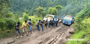 Alternative route to Rasuwa hampered by narrow, muddy roads and traffic