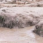 Marsyangdi River blocked by flood debris near Chame in Manang