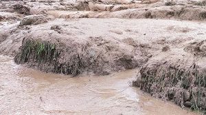 Marsyangdi River blocked by flood debris near Chame in Manang